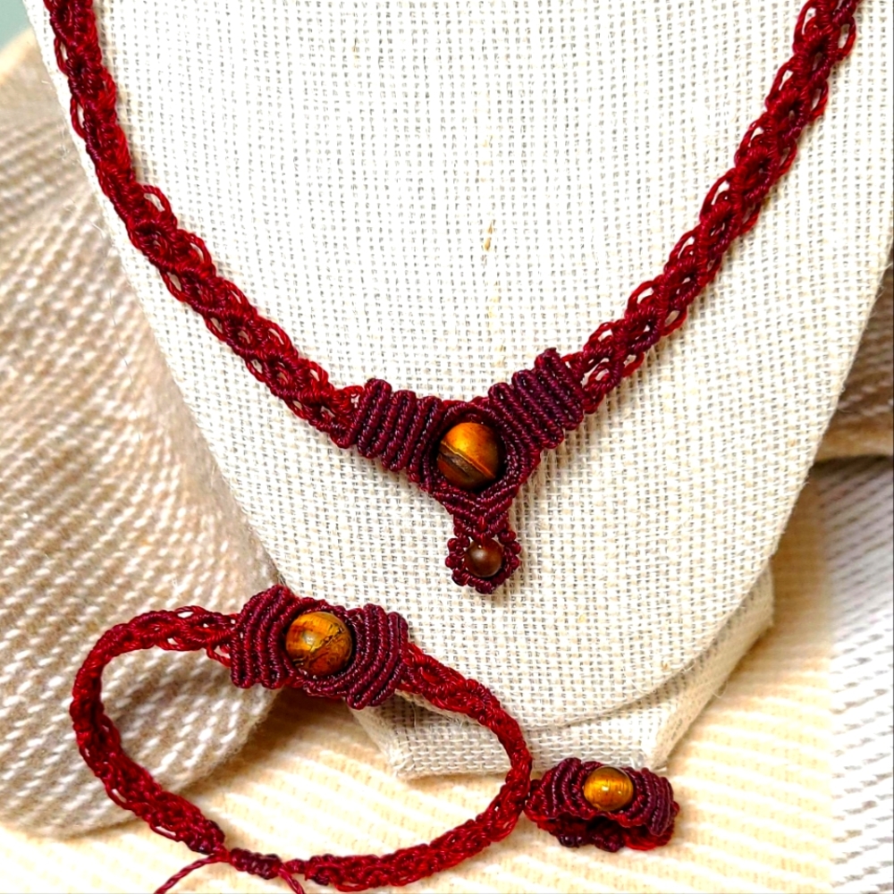Handmade Macrame Jewelry Set, Maroon with Tiger's Eye Stone